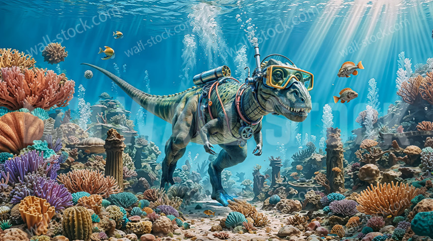 A dinosaur equipped with modern diving equipment explores an ancient underwater world surrounded by colorful coral reefs and marine life