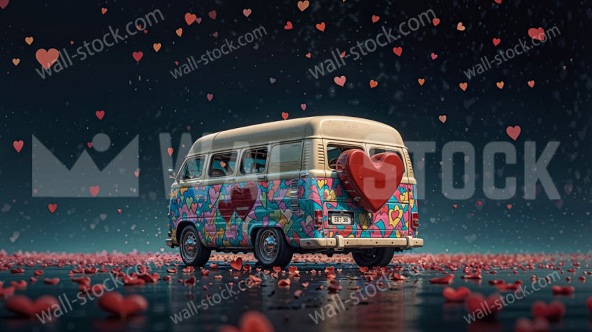 A vibrant and colourful Volkswagen van with a heart on the back drives along a road covered in red and pink rose petals