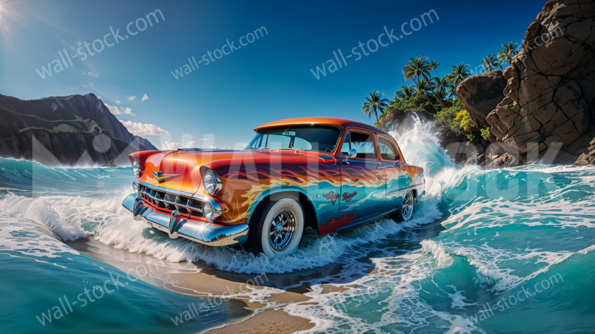 A classic car parked in huge waves on a tropical beach