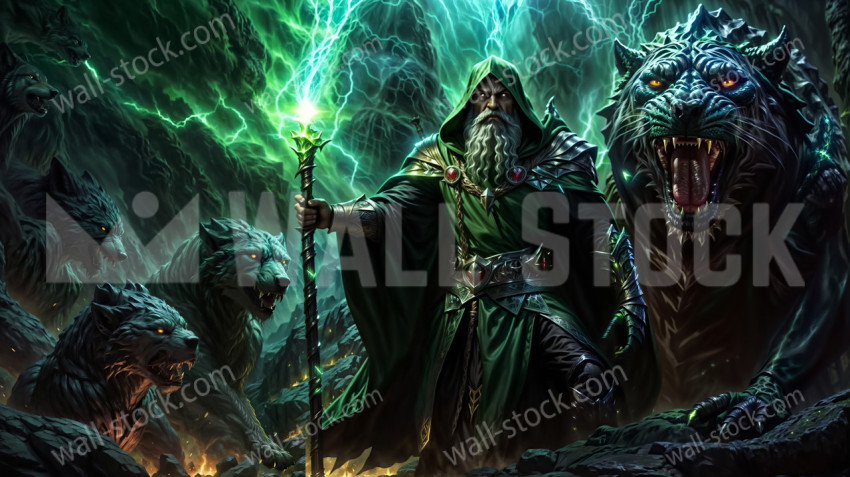 A mystical wizard with a white beard and robes, surrounded by wild wolves and tigers