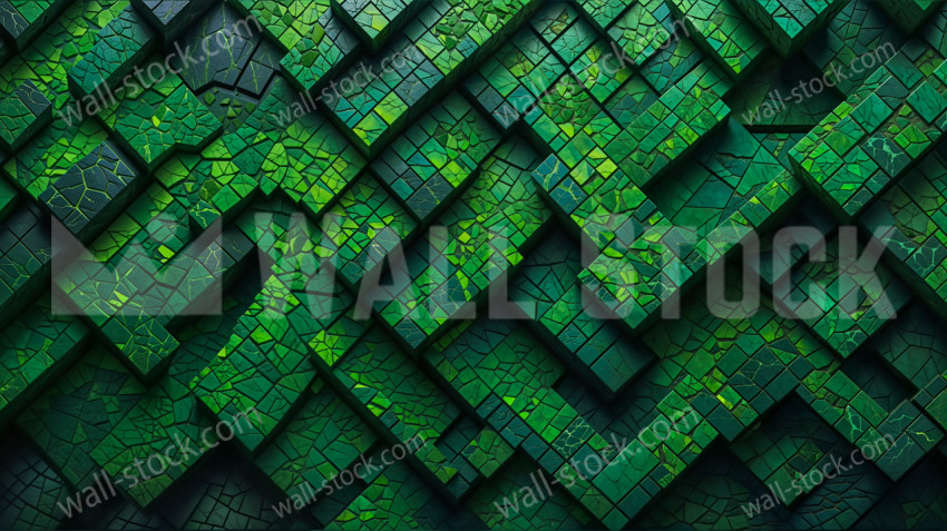 Green mosaic tile wall with an intricate interlocking organic pattern