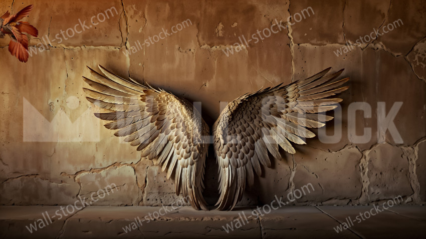 Vintage detailed feathered wings against a rustic stone wall backdrop