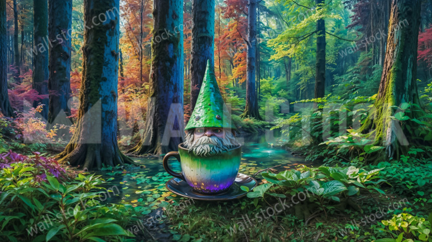 A dwarf sitting in a cup in the middle of an enchanted forest