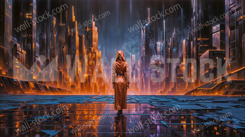 Mysterious woman walking through the center of a city formed by a futuristic fiery sky