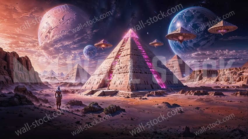 A person stands in front of an ancient Egyptian pyramid surrounded by a pink-lit desert landscape