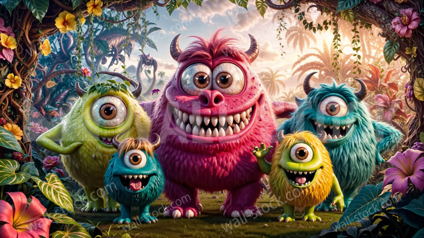 A group of cute cartoon monsters with big eyes are taking a family photo on a tropical beach.