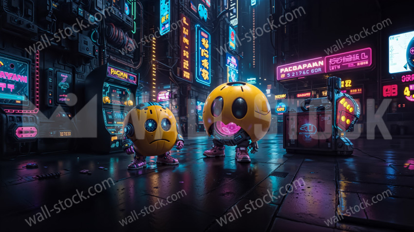 Pacman brothers in a neon-lit futuristic game city