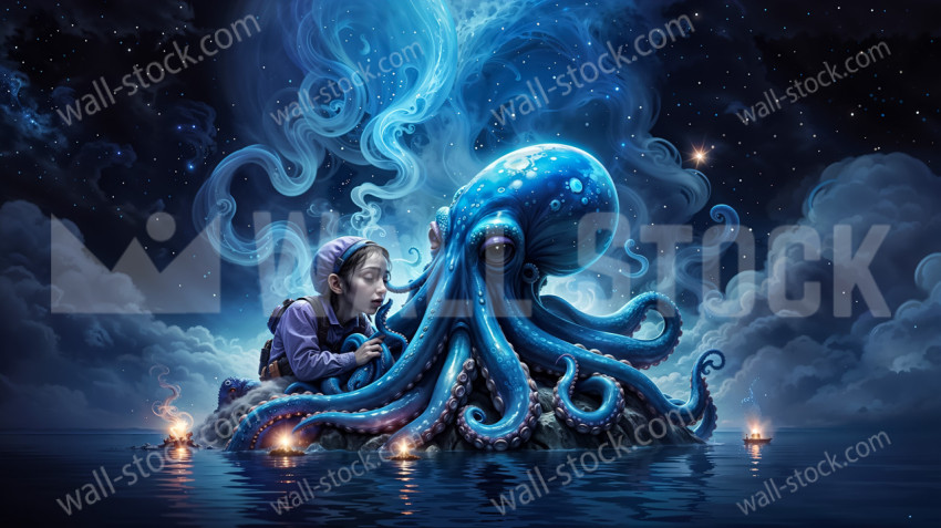 On a foggy and misty island, a big blue octopus embraces a tired sleeping girl