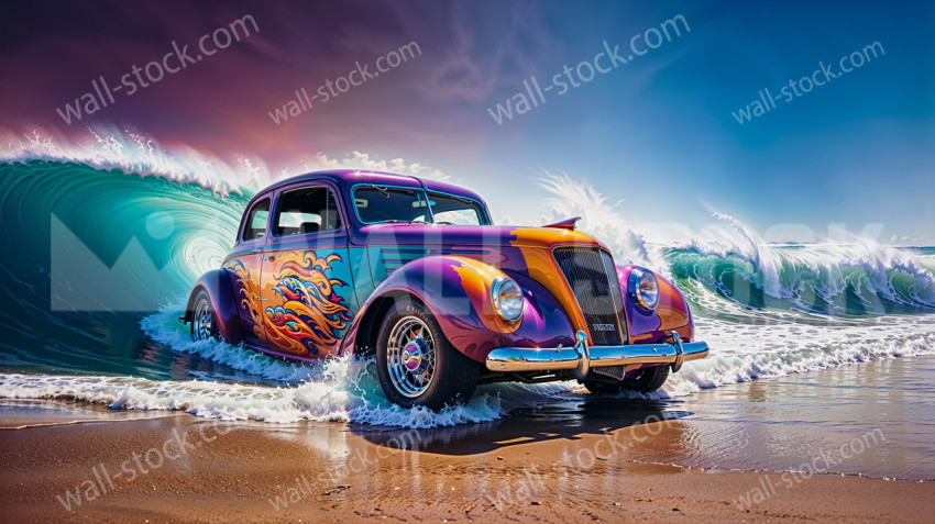 A vibrant, colourful, fire-themed car cruising through the waves with a beach and ocean in the background