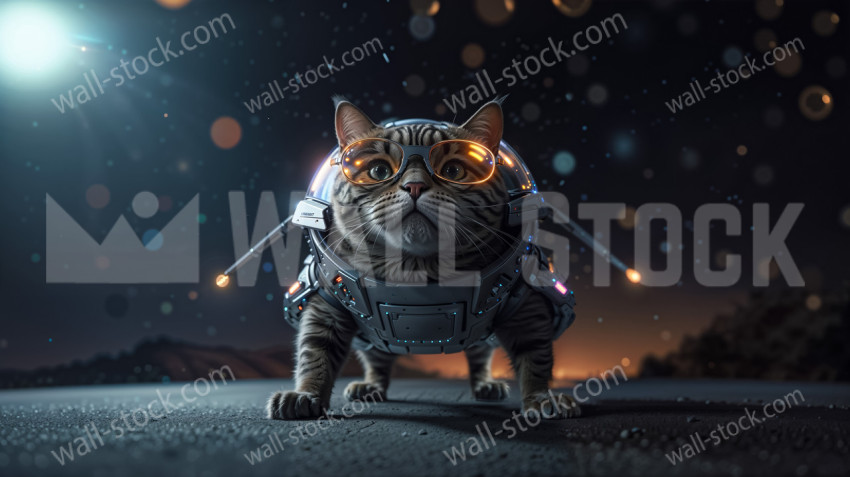 A cat wearing a futuristic spacesuit and glasses prepares to fly on the street