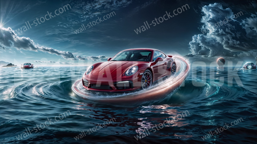 Red Porsche Floating on Surreal Sea and Dramatic Sky
