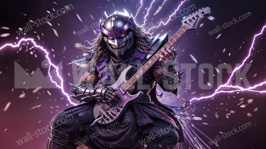 Shredder expertly manipulates the strings of his electric guitar with his claws. The air crackles with energy as you unleash a torrent of booming riffs
