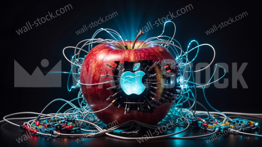An apple with the apple logo on it connected to a circuit board containing various electronic components