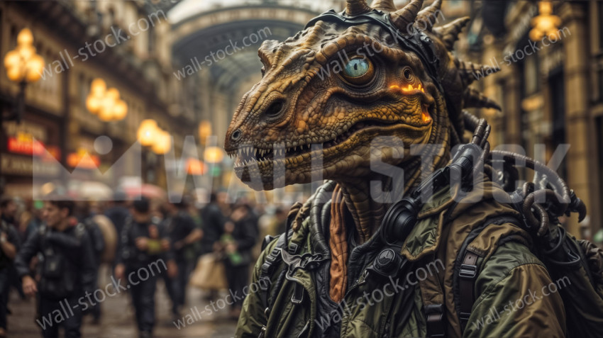 Selfie of dinosaur tourist visiting a shopping mall in Paris