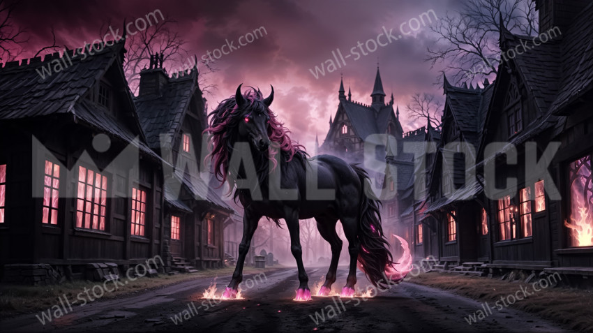 Mysterious black horse with fiery hooves on cobblestone street under purple sky