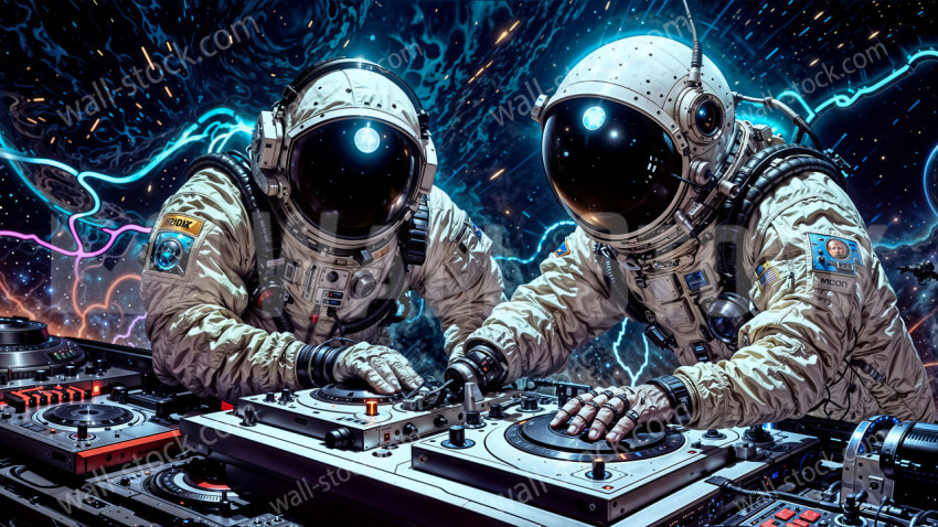 Cosmic djs mixing music in a galactic setting
