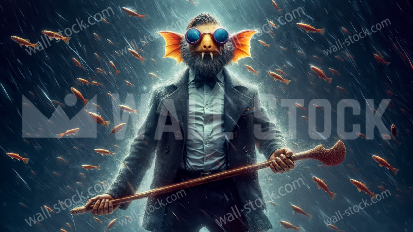 Creature with fish fin-like ears, wearing a suit and holding a cane