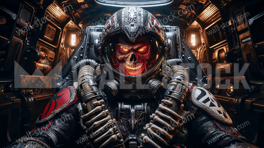 Skeleton astronaut in military outfit using spacecraft