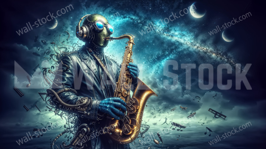 Green man plays saxophone and musical notes fly