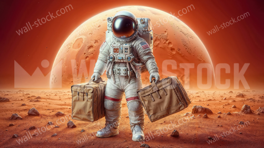 An astronaut on the surface of Mars with a spacesuit in his hands