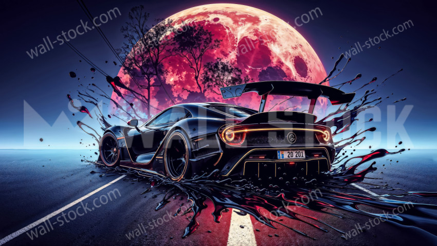 A futuristic, sleek black sports car with bright orange lights that leaves a black petrol trail on the road as it speeds away