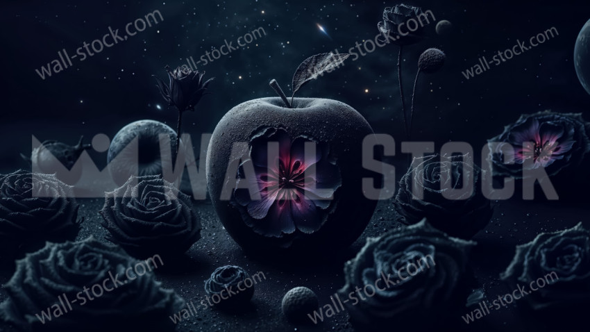 Mutant Apple and dark rose cosmos background