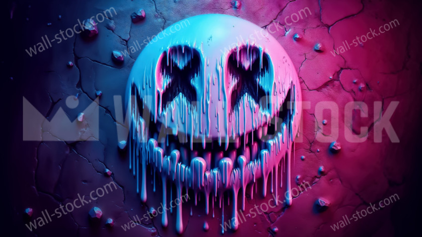 A smiley face melting and dripping on a dark and cracked neon wall