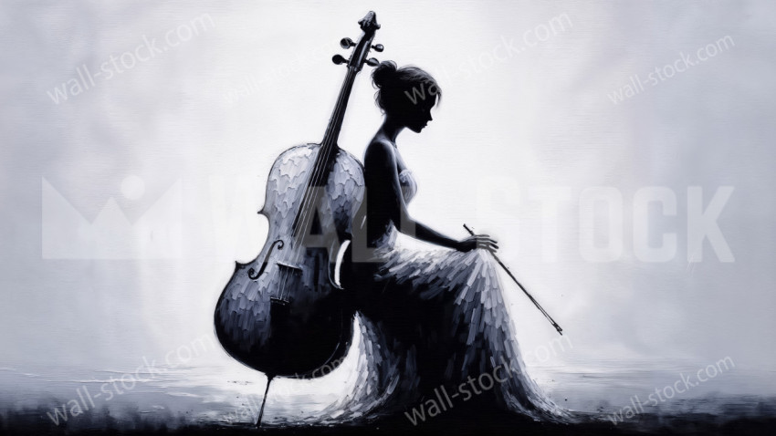 Silhouette of a woman leaning on a cello, impressionist oil painting