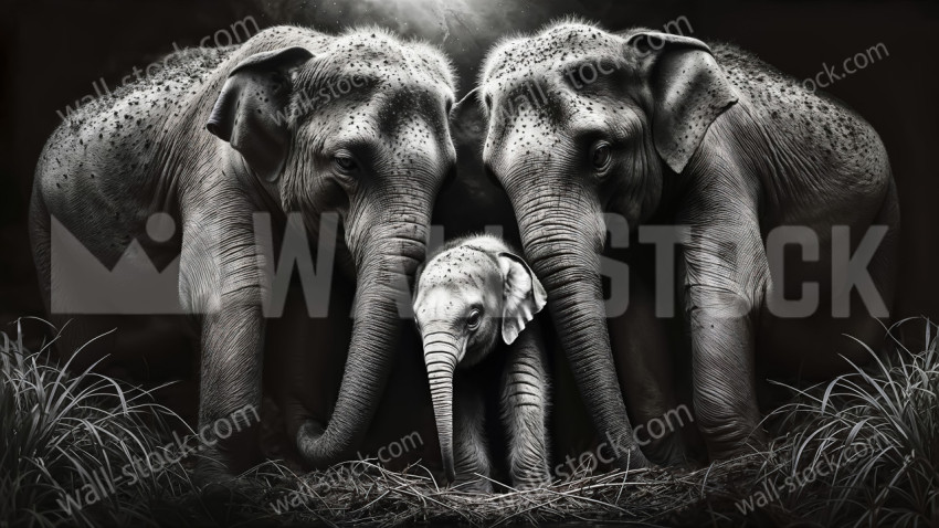 Mother and father elephant protecting baby elephant