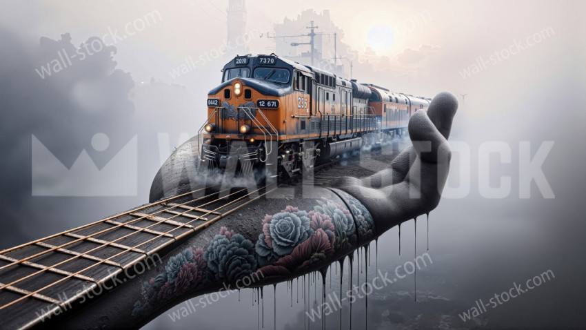 A train running through the strings of a guitar neck