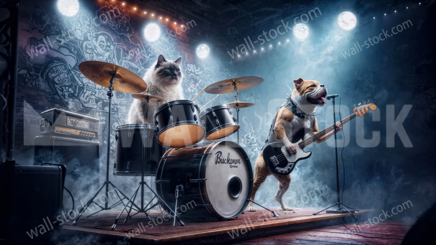Stage performance of a singing dog and a drumming Siamese cat