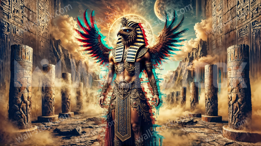 Egyptian legendary winged creature in an ancient city Gothic Glitch Core
