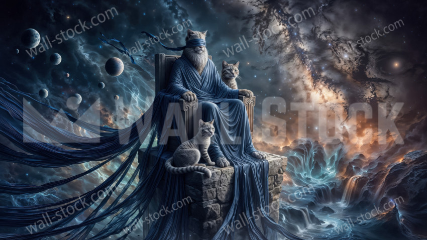 A blindfolded King cat sits on an ancient stone throne with his cute little pet cats