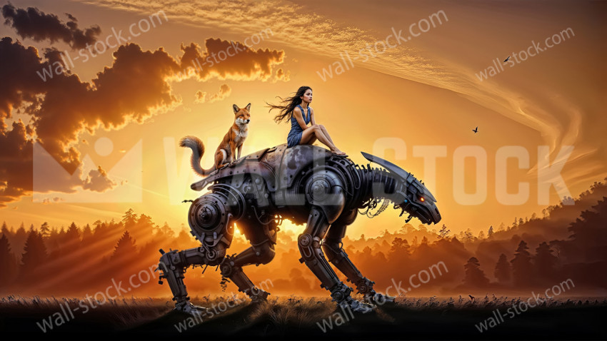 Girl sitting on a giant walking robot next to a fox at sunset.