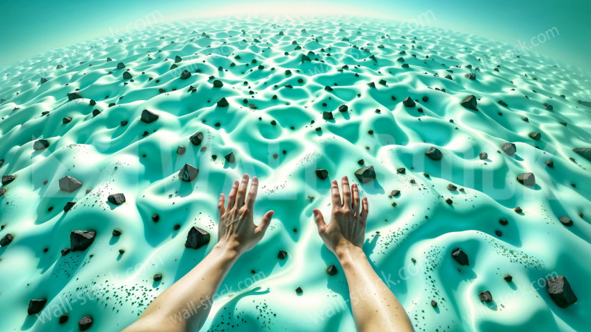 A wide fisheye view of hands diving into a vast mint green water