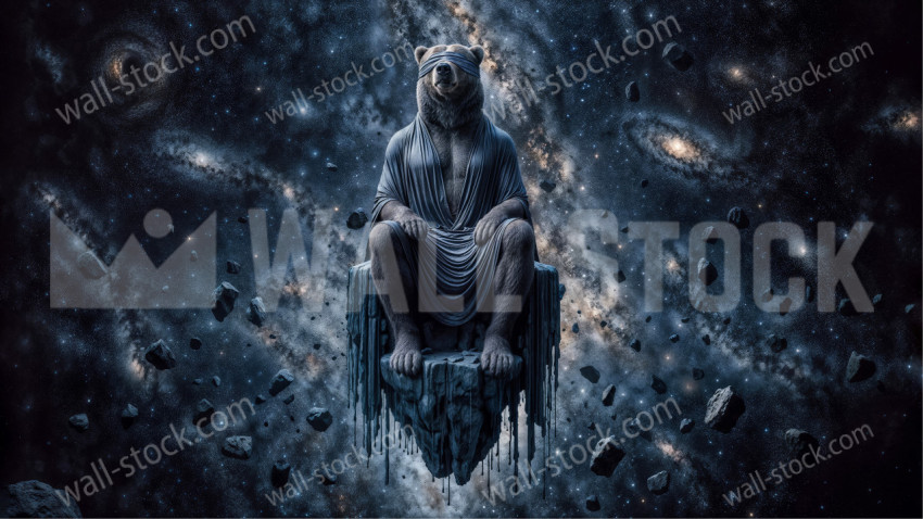 A blindfolded male bear sits on a floating throne made of ancient stone
