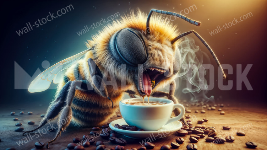 A very tired queen bee is about to take a sip of her coffee when a small bee stings her tongue