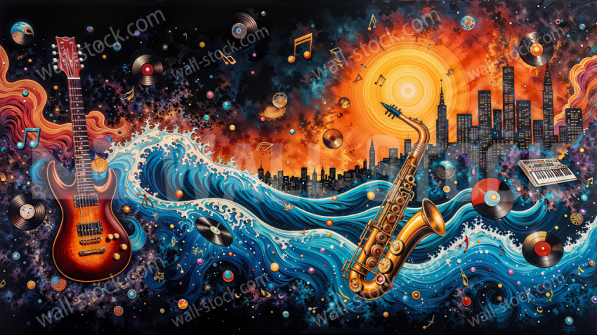 Vibrant Musical Universe with Guitar, Saxophone, and City Skyline – Cosmic Waves of Sound and Color