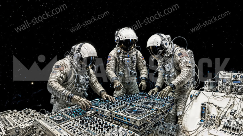 Astronaut DJs Mixing Music in Outer Space – Futuristic Electronic Art with Cosmic Vibes