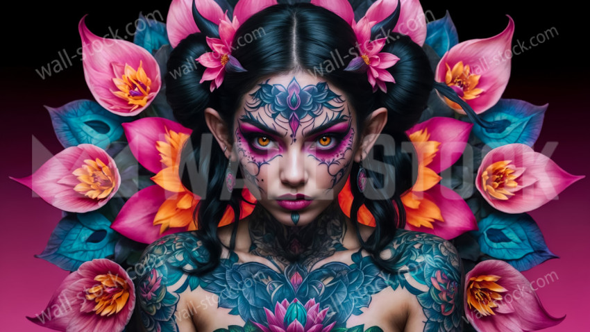 Flower Princess Amid Mystical Blooms of Colorful Energy