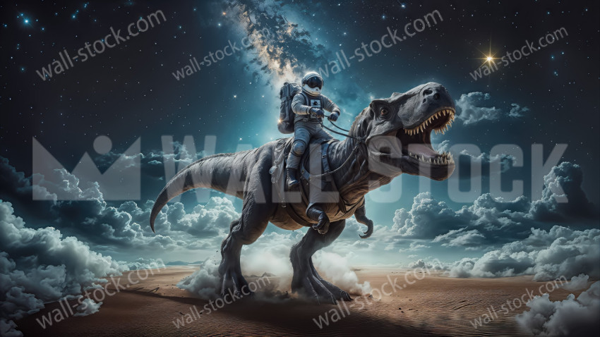Astronaut Rider on a Roaring Dinosaur Above the Clouds