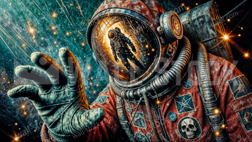 Astronaut in Red Space Suit Reaching Out with Another Astronaut Reflected in Helmet