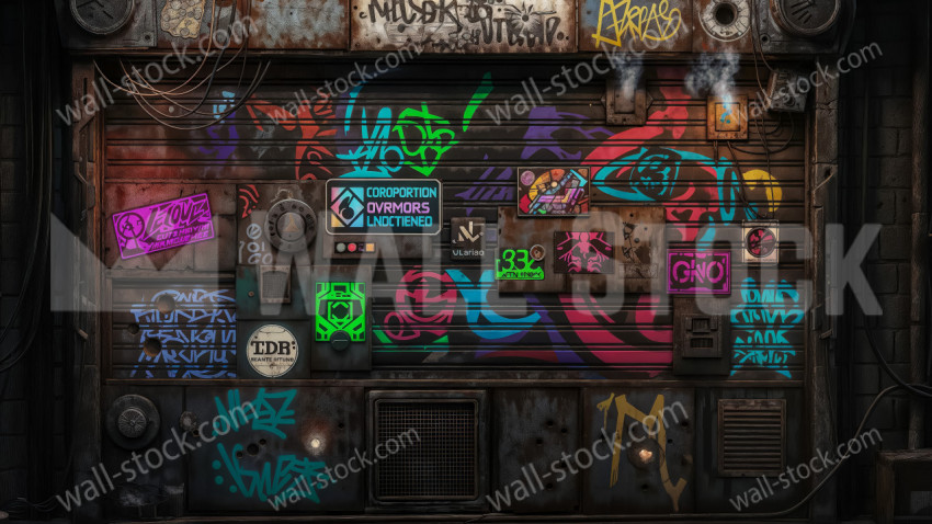 Colorful Neon Graffiti and Stickers on a Rusted Industrial Metal Door in an Urban Alley