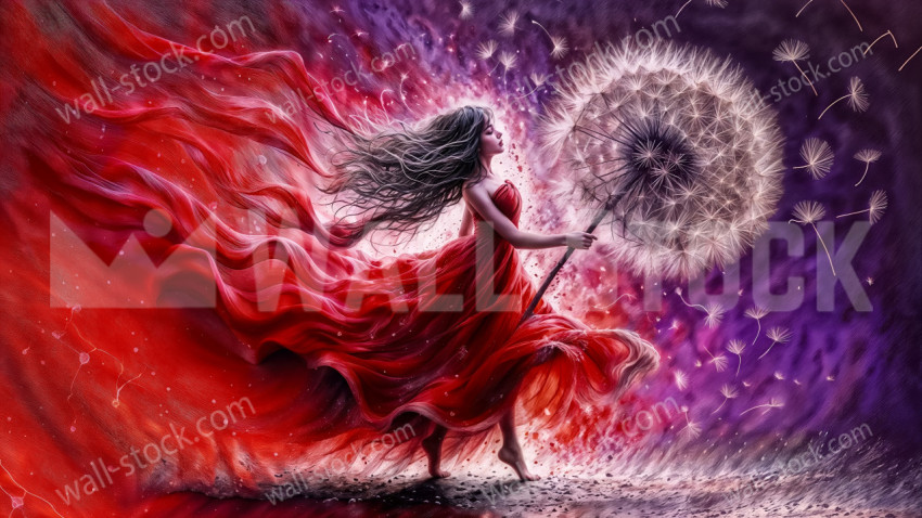 A girl in a red dress is running forward, skipping and humming, holding a dandelion flower in her hand