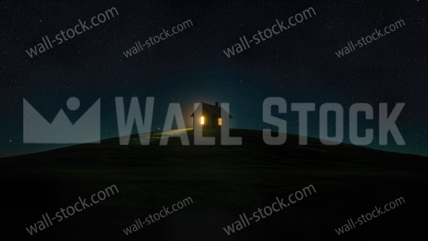 A Small House Standing Alone on a Dark Hill at Night