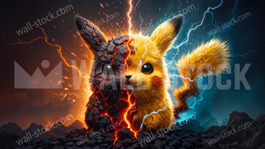Small yellow electric creature split by fire and lightning standing on cracked ground