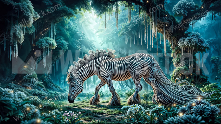 A zebra with a tail made of ropes in an imaginary forest