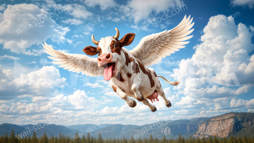 Brown and white cow flying with its tongue out above a mountain valley