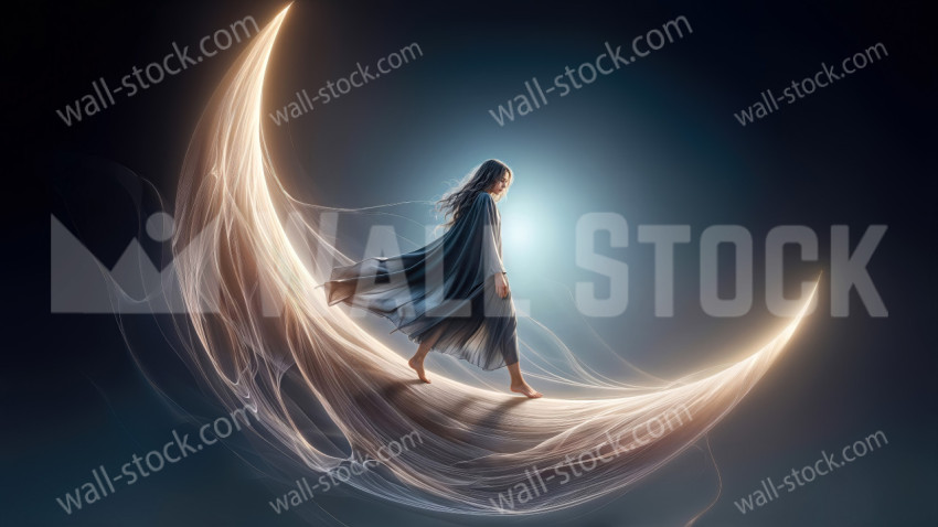 Woman walking barefoot on a glowing crescent shape in a dark sky