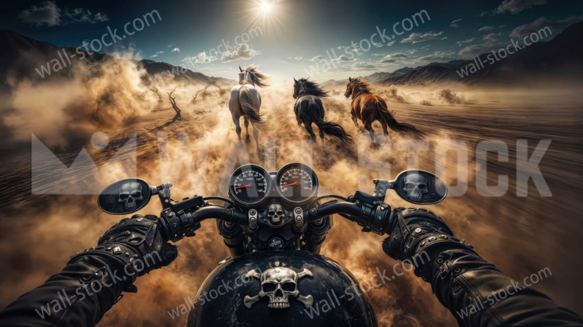 Motorcycle rider chasing wild horses across a dusty desert plain